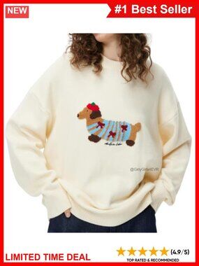 Women's Cartoon Dog Oversized Crewneck Knit Pullover Sweater